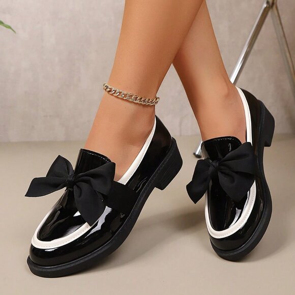 Black Casual Women's Contrast Bow Decor Flat Loafers - Picture 2 of 6